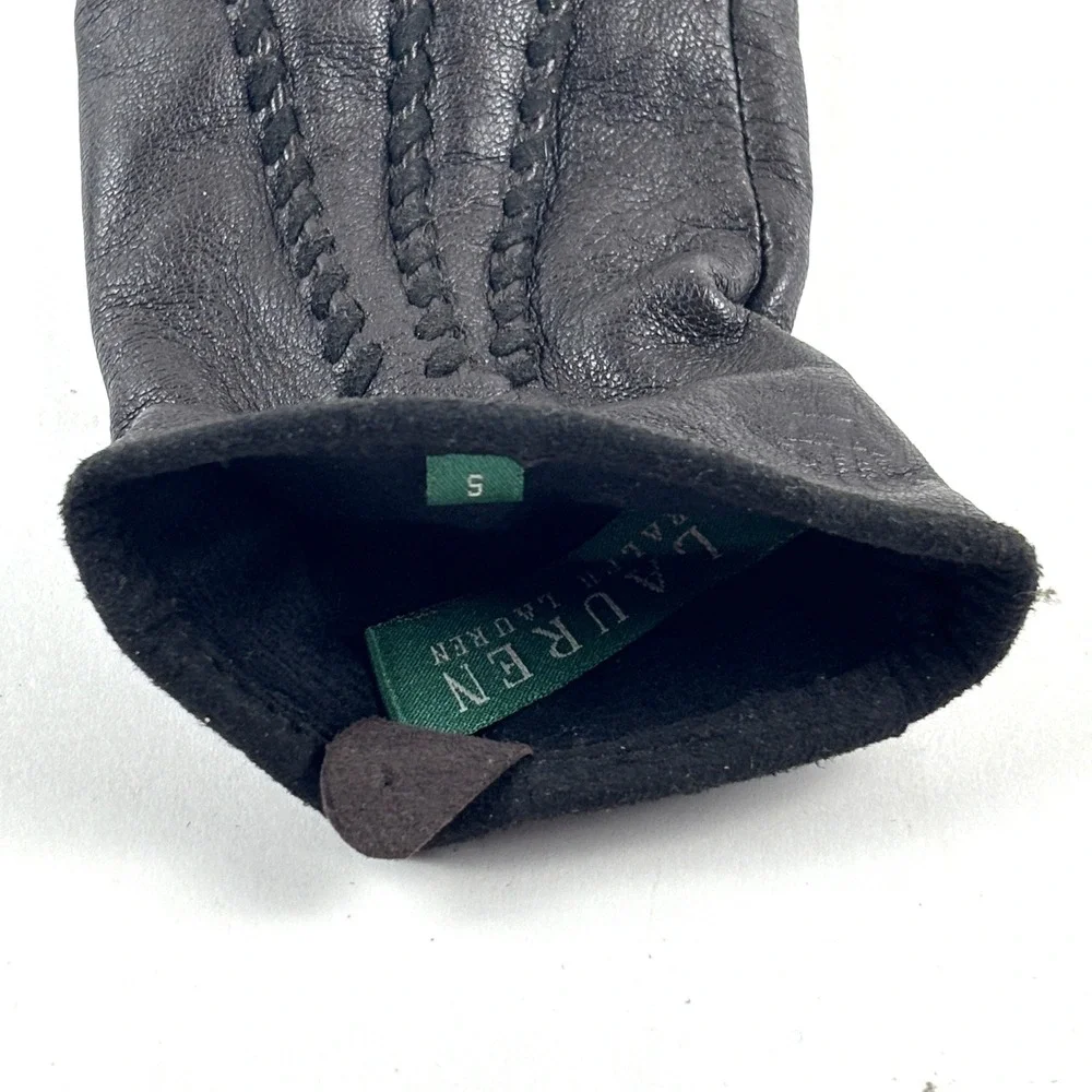 Lauren Ralph Lauren Gloves Womens Small Black Leather Whipstitch Fleece Lined